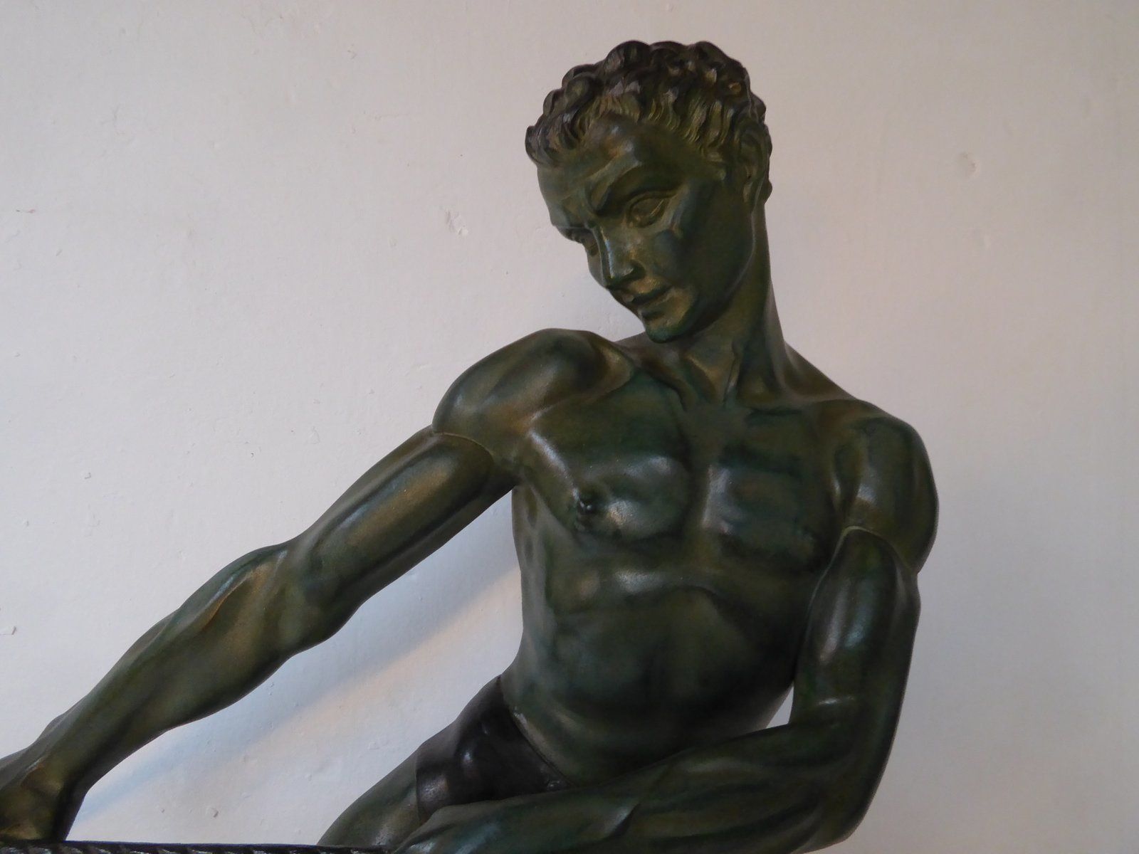 Art Deco Green Patinated Metal And Marble Sculpture Of Man Pulling Stone From Ucra, France photo furniture