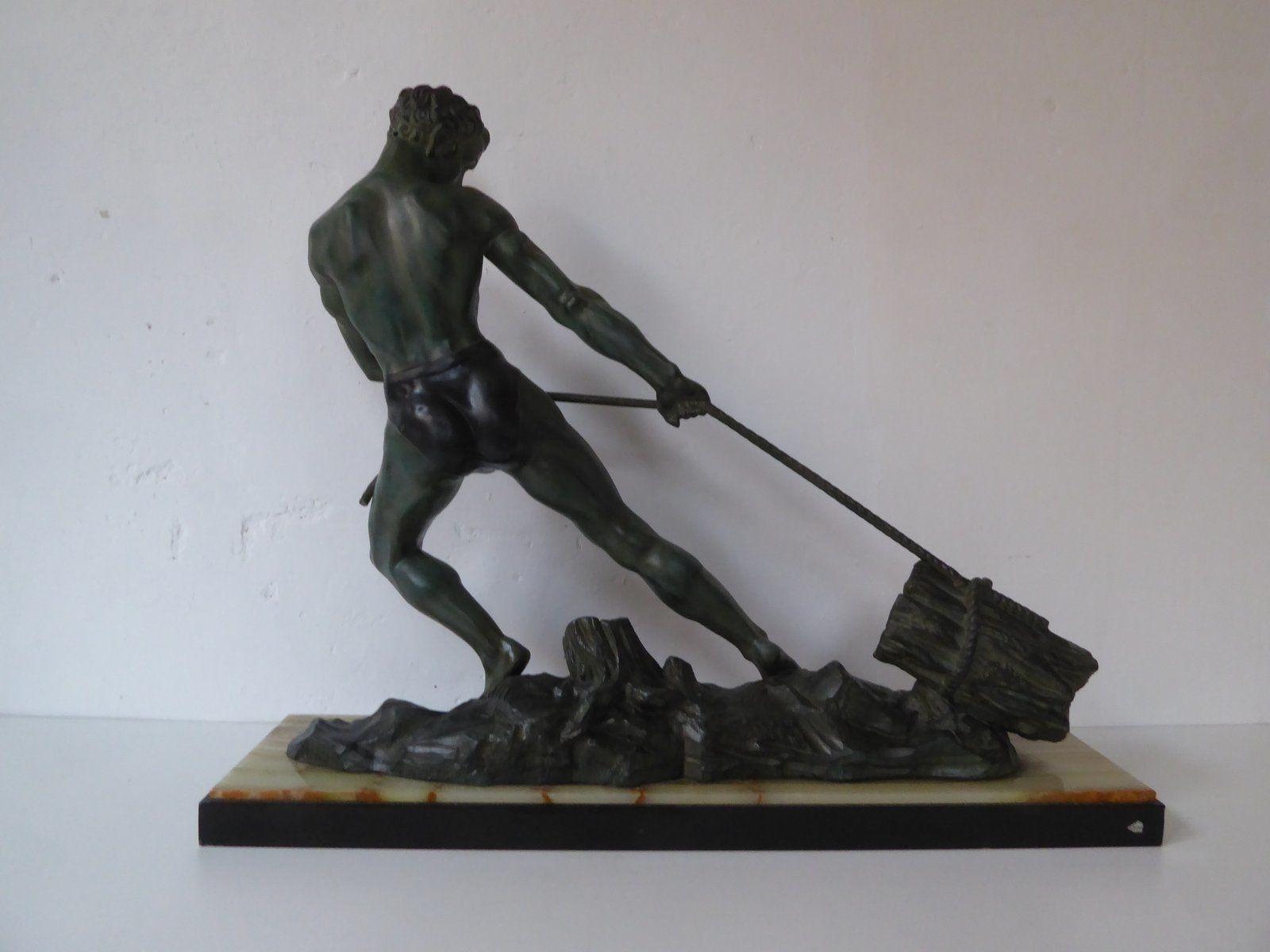 Art Deco Green Patinated Metal And Marble Sculpture Of Man Pulling Stone From Ucra, France photo Home Decor