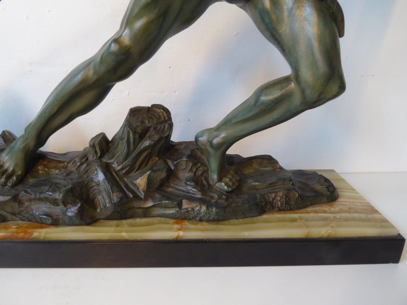 Art Deco Green Patinated Metal And Marble Sculpture Of Man Pulling Stone From Ucra, France photo buy
