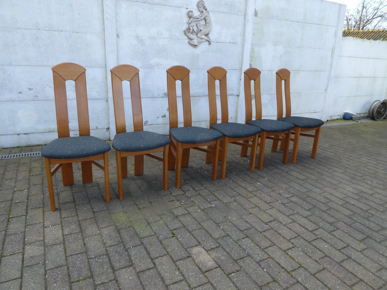 High Back Blond Oak Wooden Chairs, 1980s, Set Of 6