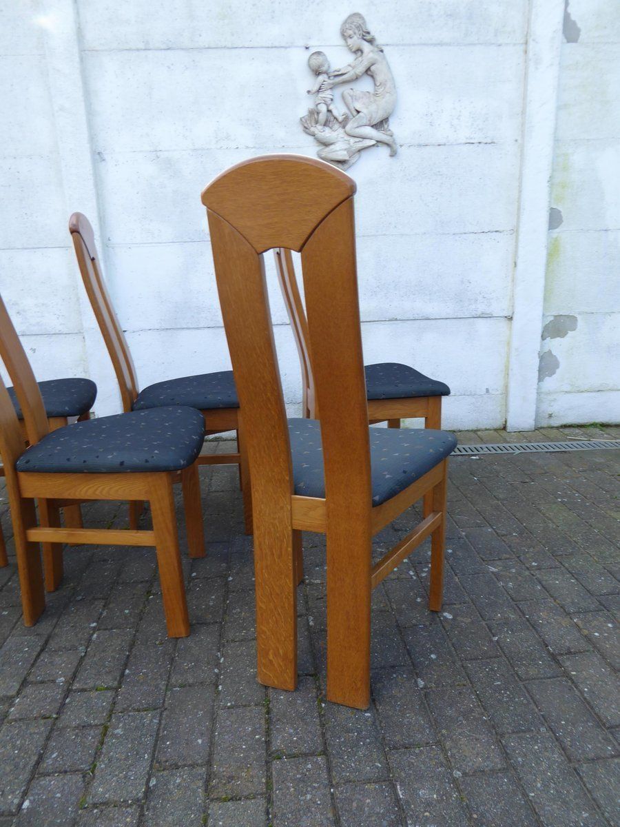 High Back Blond Oak Wooden Chairs, 1980s, Set Of 6 photo vintage