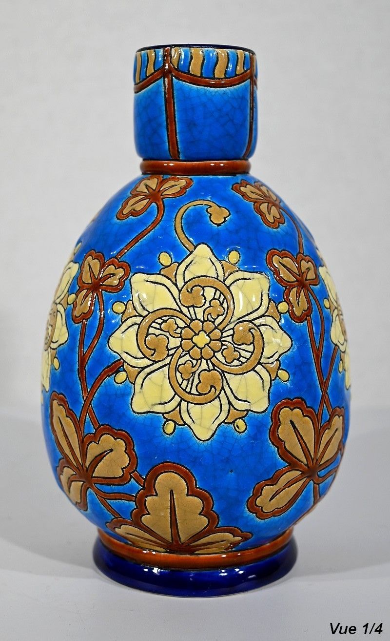 photo for sale Small Vase Decorated With Flowers In Longwy Enamels   Early 20th Century