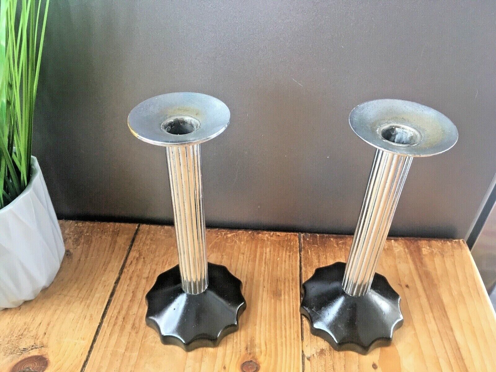 Pair Of Unusual Art Deco Plated Corinthian Column Candlesticks Candle Holders photo for sale