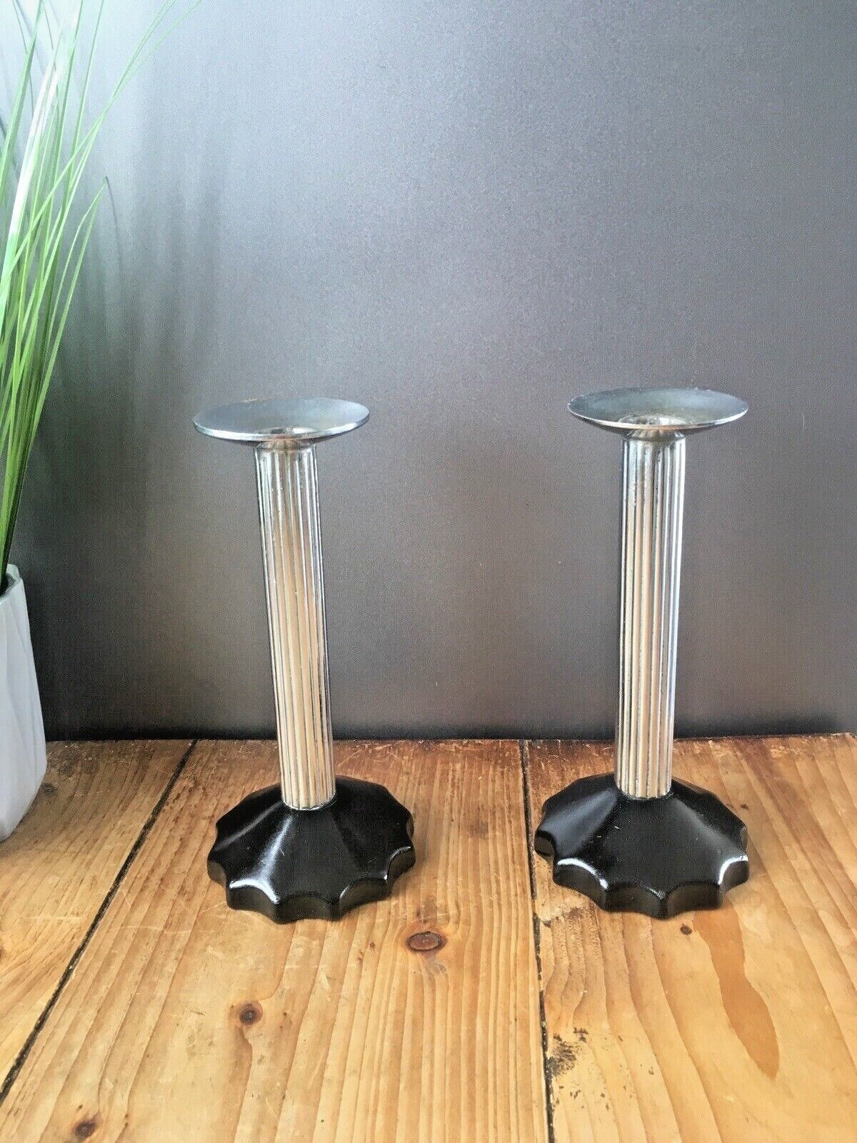 Pair Of Unusual Art Deco Plated Corinthian Column Candlesticks Candle Holders photo buy