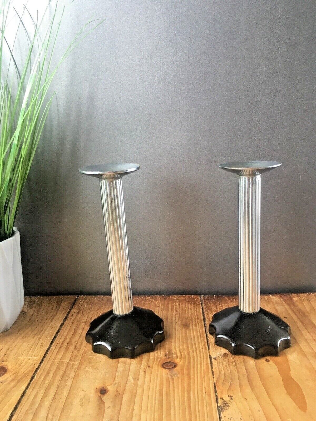 photo for sale Pair Of Unusual Art Deco Plated Corinthian Column Candlesticks Candle Holders