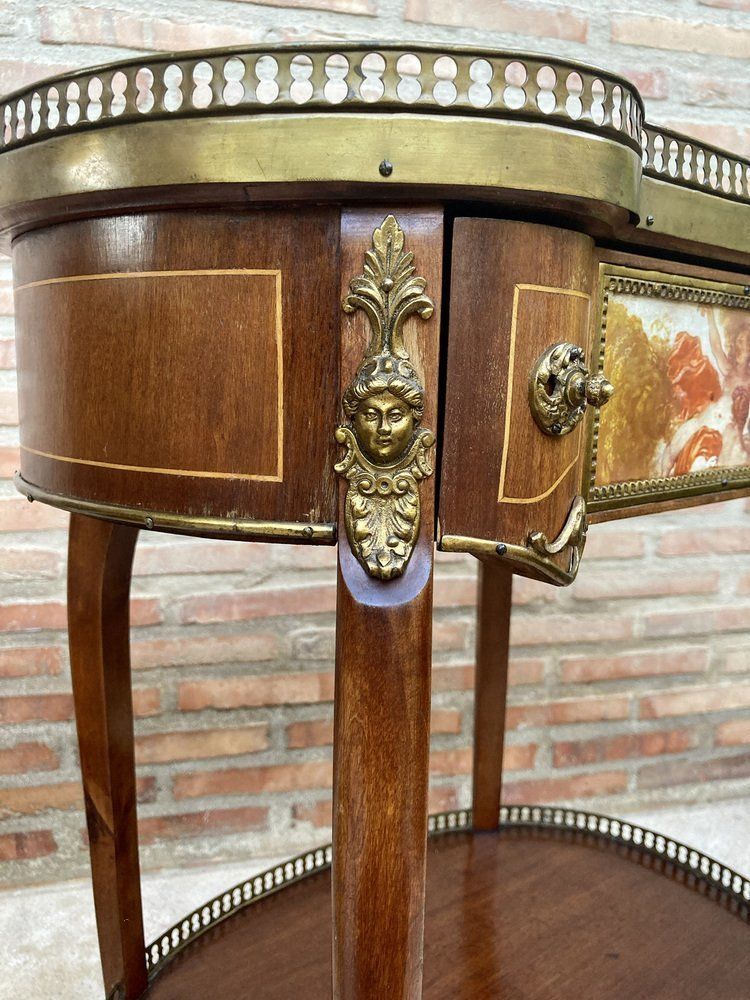 Carved Wood Kidney Shaped Bedside Tables With Bronze And Marble Top. Set Of 2 photo for sale