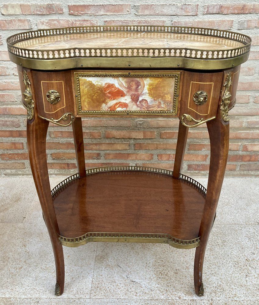 photo vinterior Carved Wood Kidney Shaped Bedside Tables With Bronze And Marble Top. Set Of 2