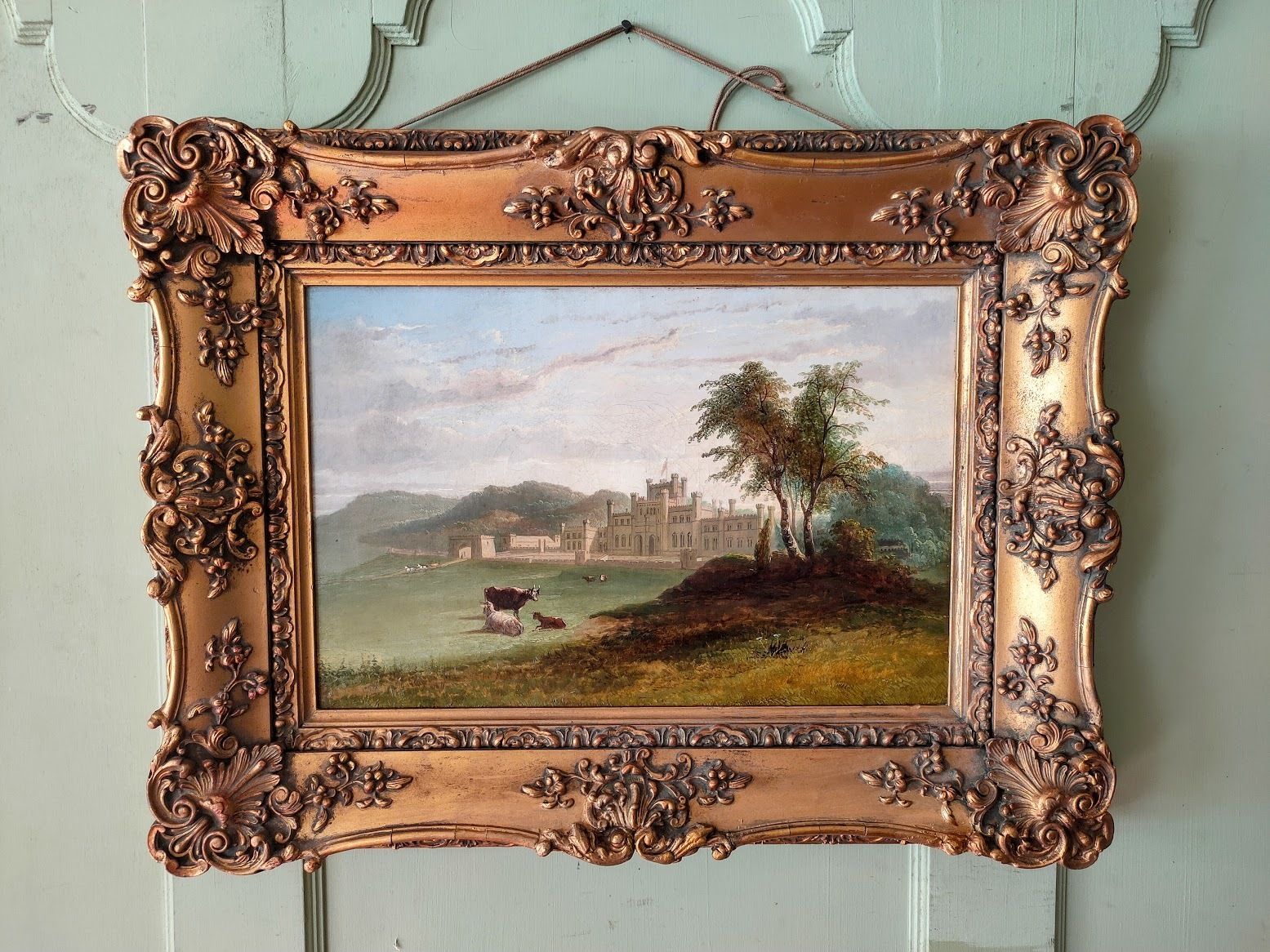 Oil Painting   19th Century Canvas Lowther Castle Penrith With Cows