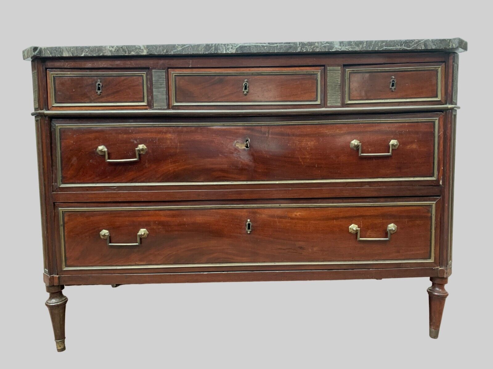 Mahogany Lois XVI Style Chest Of Drawers Gray Veined Marble Top 19th Century