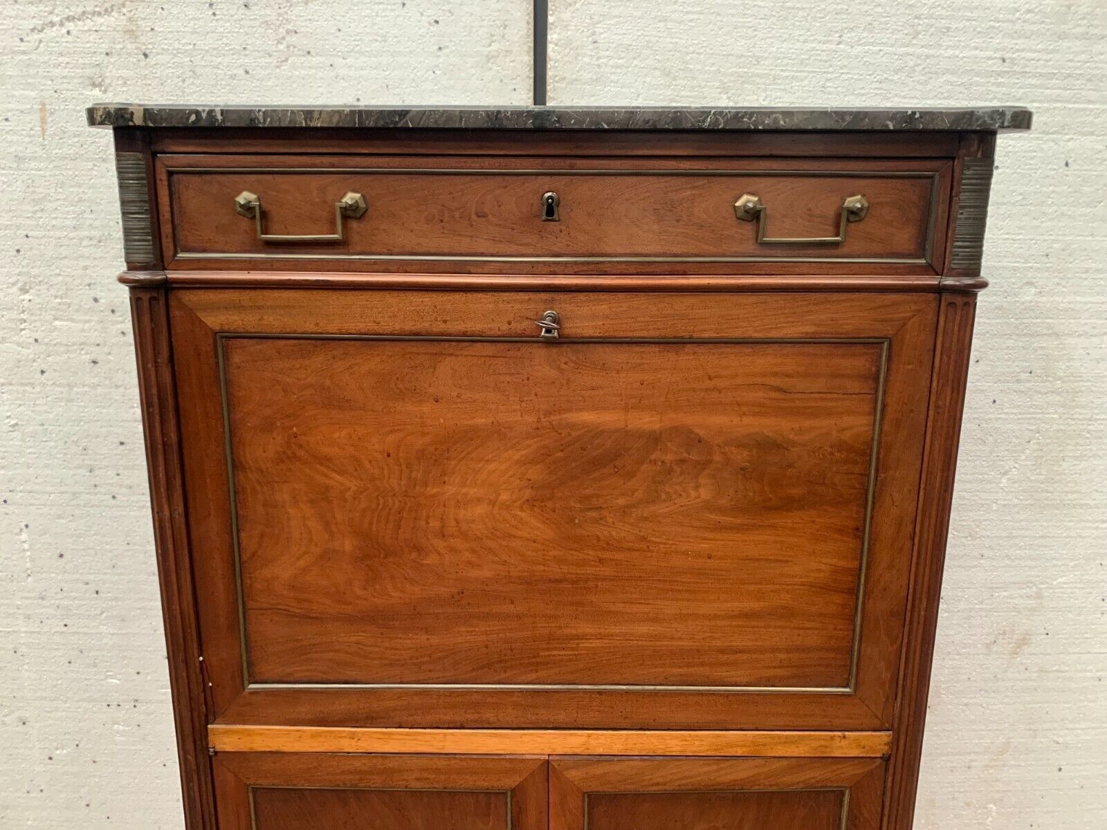 Louis XVI Mahogany Secretary Gray Veined Marble Top 19th Century photo for sale