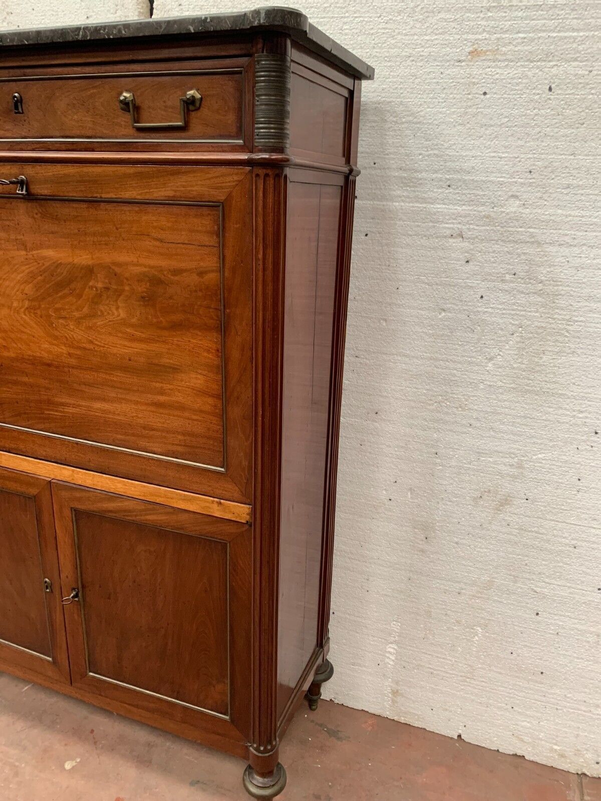 Louis XVI Mahogany Secretary Gray Veined Marble Top 19th Century photo vinterior