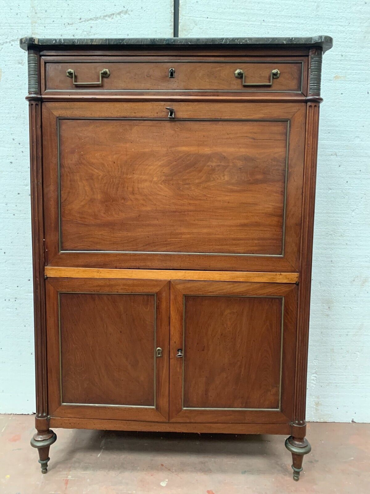 919.52 Louis XVI Mahogany Secretary Gray Veined Marble Top 19th Century photo