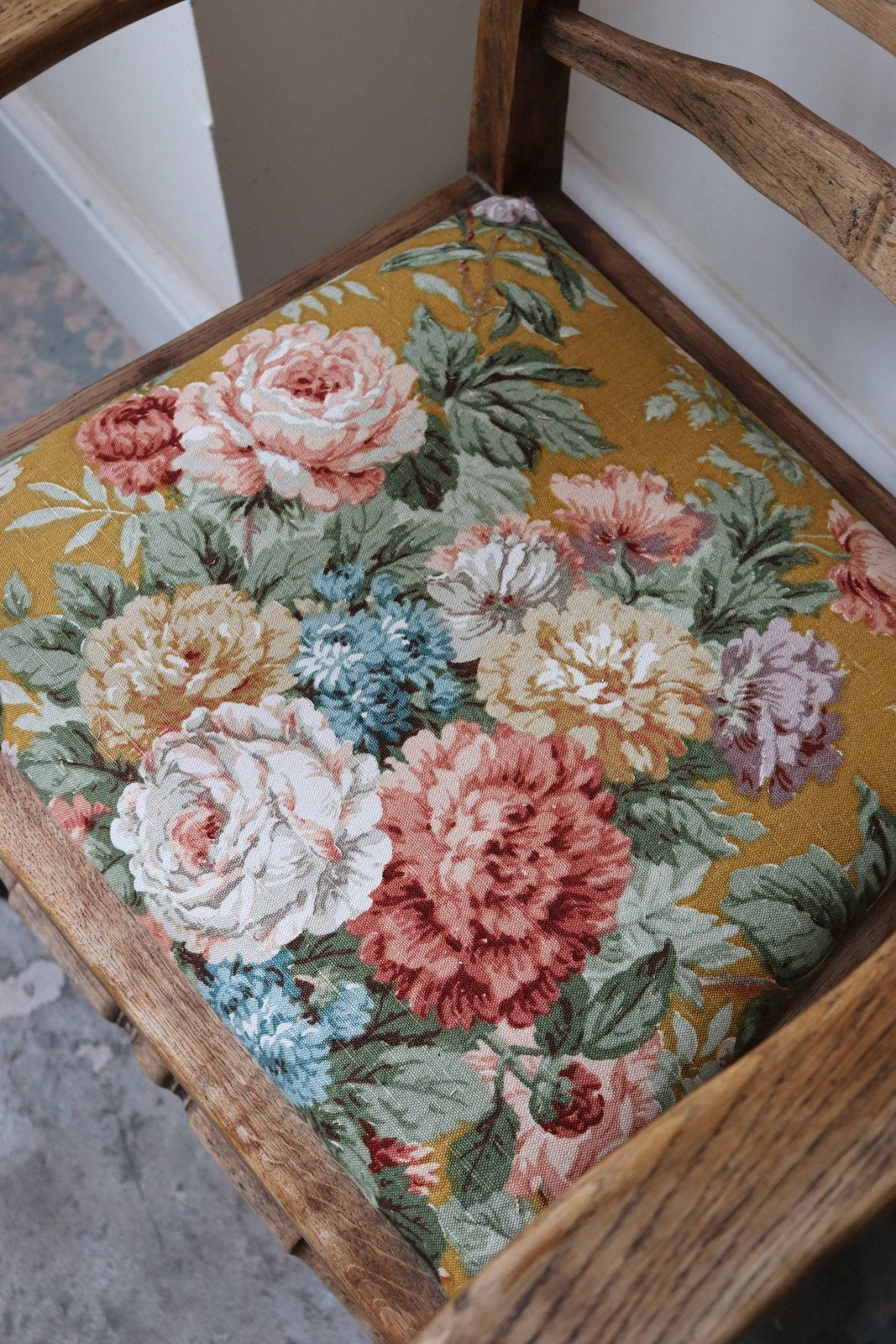 Beautiful Pair Of Oak Farmhouse Arm Chairs With Vintage Sanderson Floral Seats photo vinterior