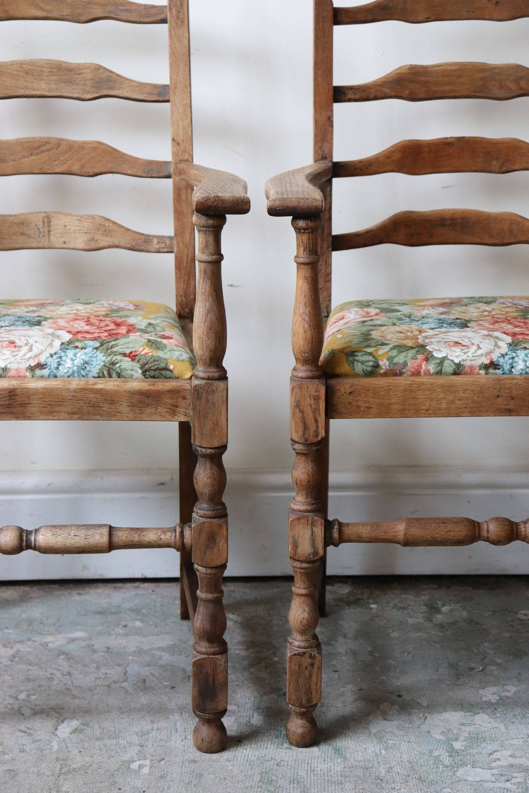 photo for sale Beautiful Pair Of Oak Farmhouse Arm Chairs With Vintage Sanderson Floral Seats