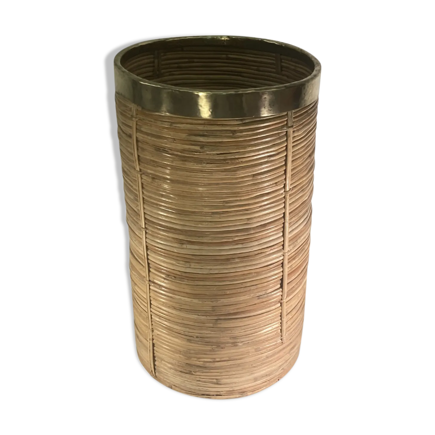 Pencil Or Split Reed Rattan Umbrella Stand Or Basket, Italy 1970s In The Style Of Gabriella Crespi