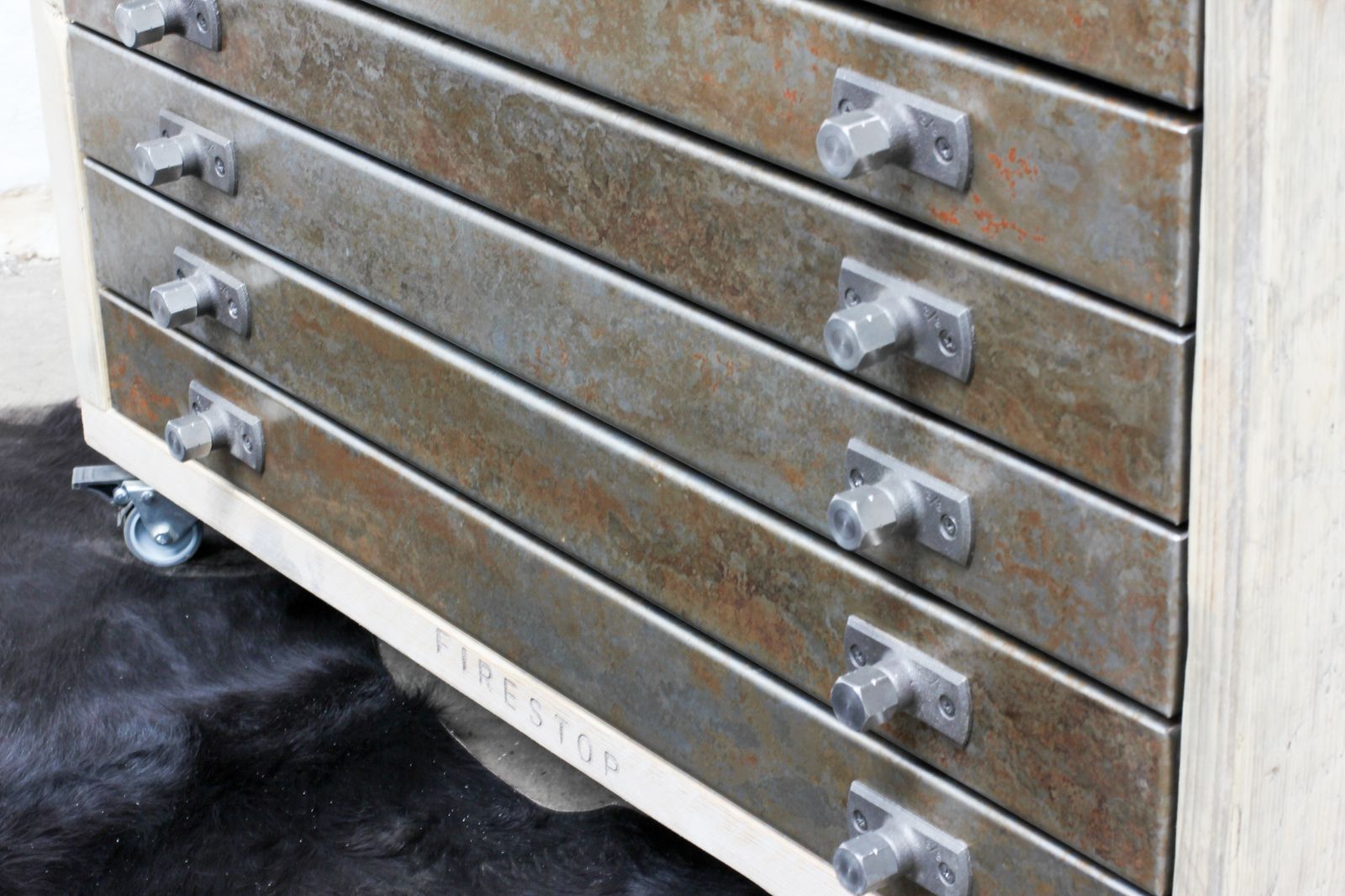 Faraz Reclaimed Scaffolding And Distressed Steel Plan Chest On Locking Castors photo for sale