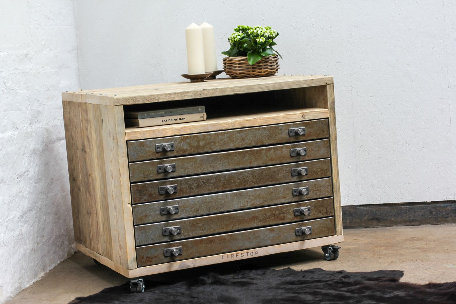 Faraz Reclaimed Scaffolding And Distressed Steel Plan Chest On Locking Castors photo Furniture