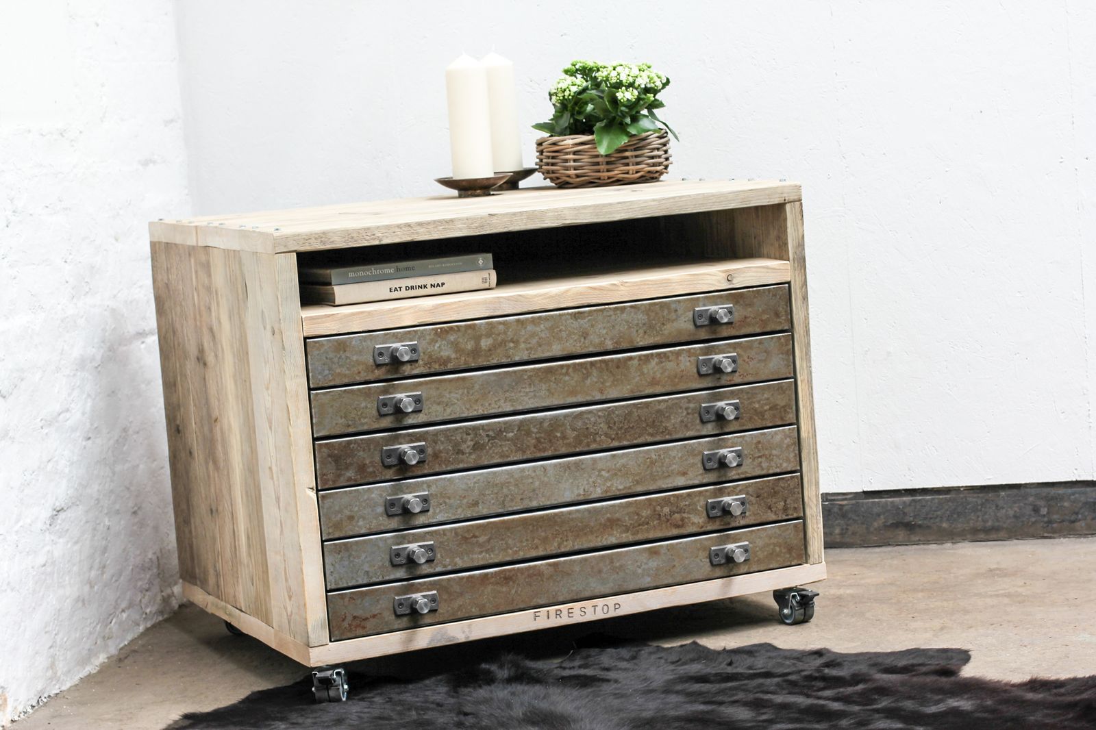 Faraz Reclaimed Scaffolding And Distressed Steel Plan Chest On Locking Castors photo vinterior