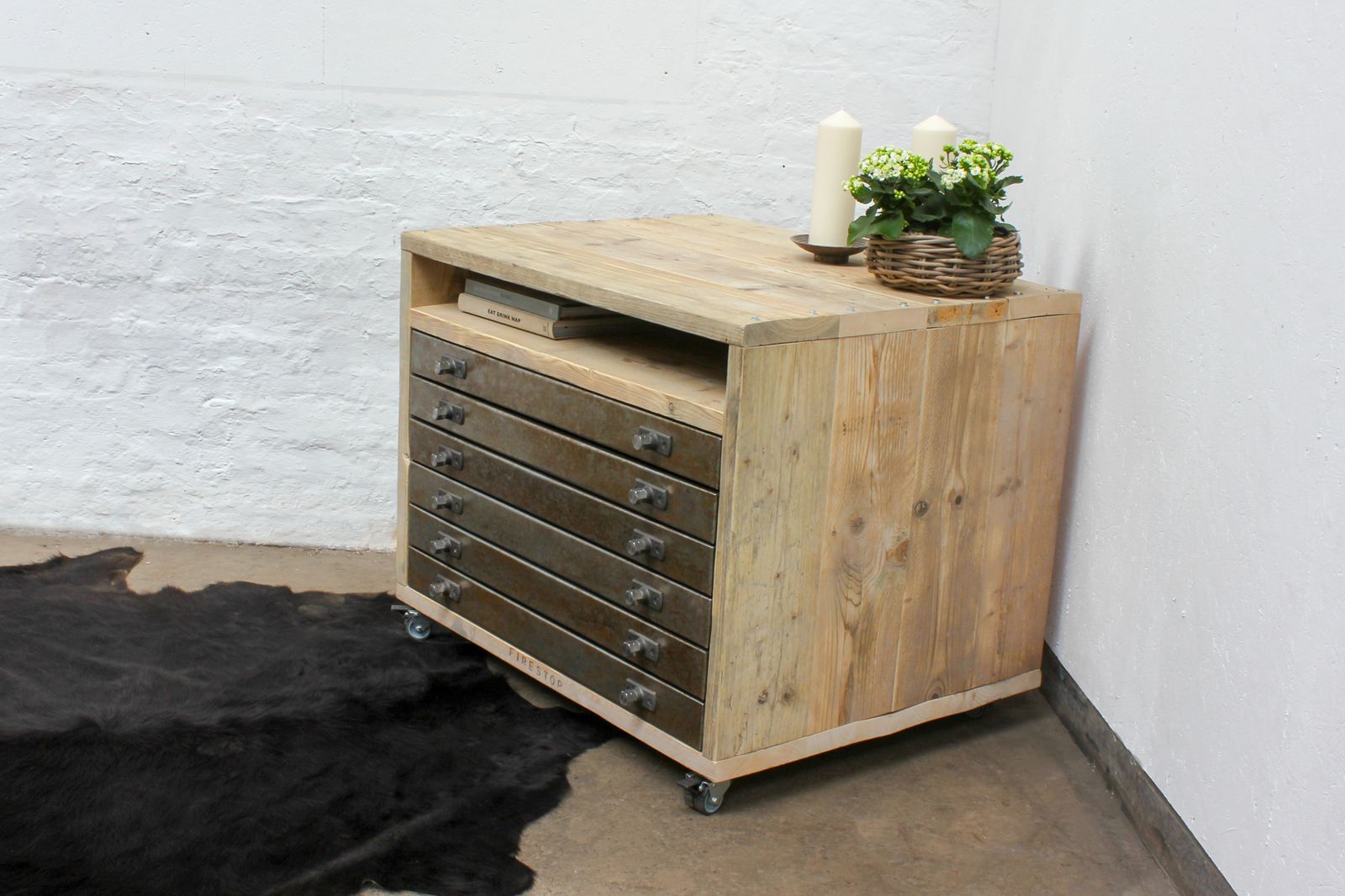 1800.0 Faraz Reclaimed Scaffolding And Distressed Steel Plan Chest On Locking Castors photo