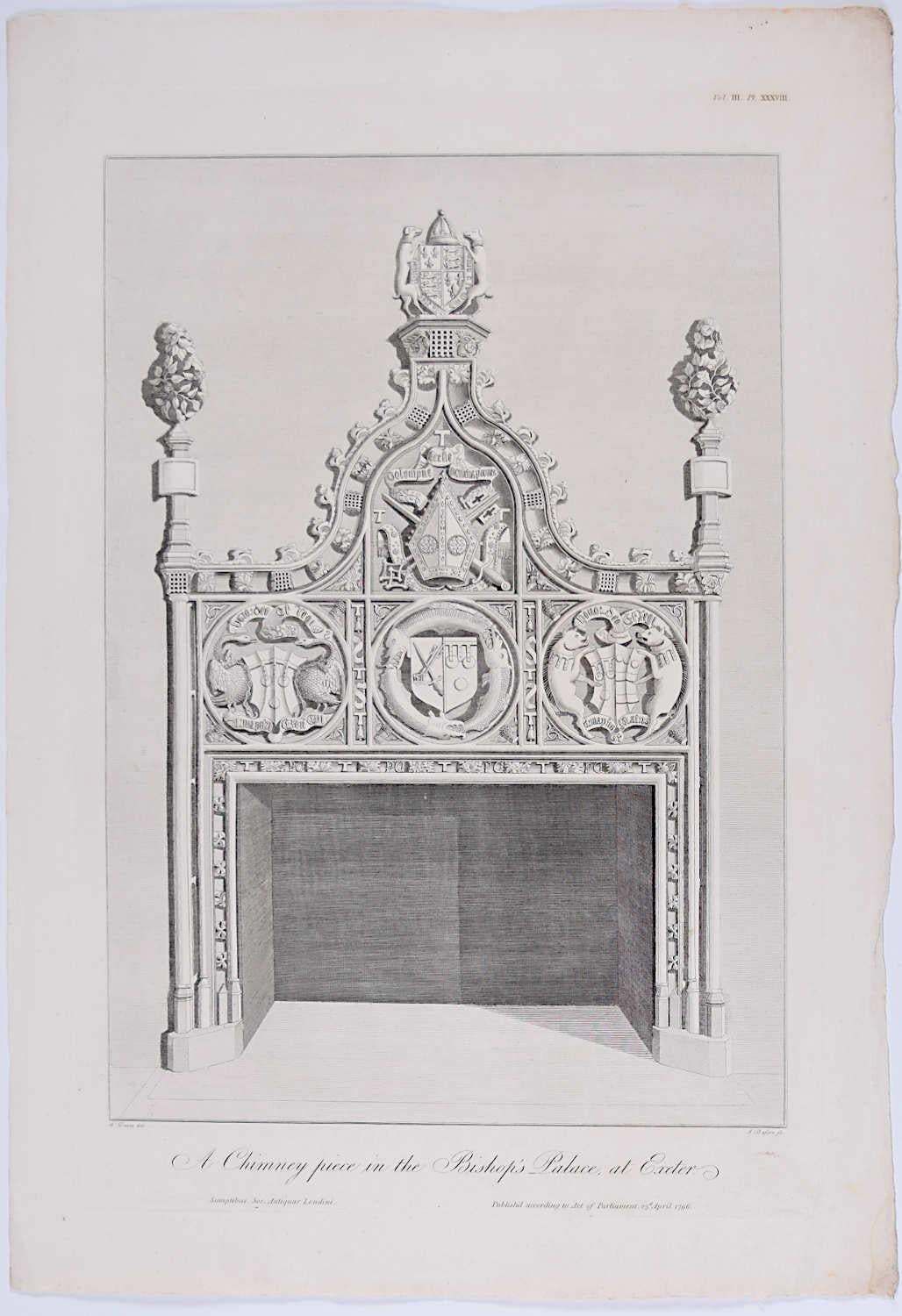 James Basire Engraving Bishop's Palace Exeter England 1796 Chimneypiece photo furniture
