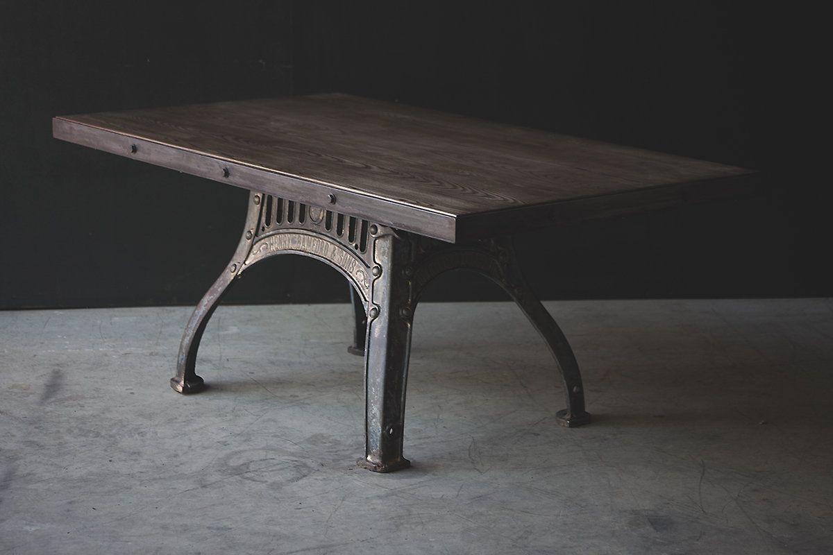 Henry Bamford Industrial Dining Table   Original Cast Iron Base With Gold/Bronze Detailing