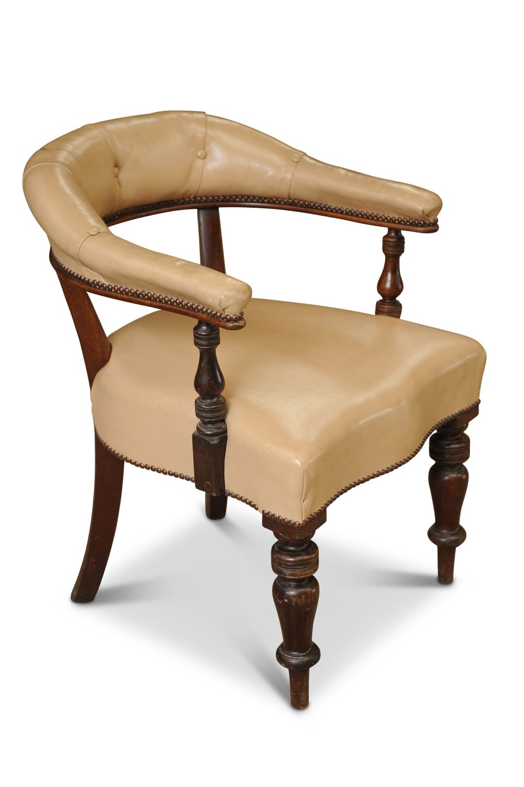 19th Century Cream Leather Buttonback Open Frame Armchair With Hand Turned Uprights Finished With Stud Detailing Ol photo furniture