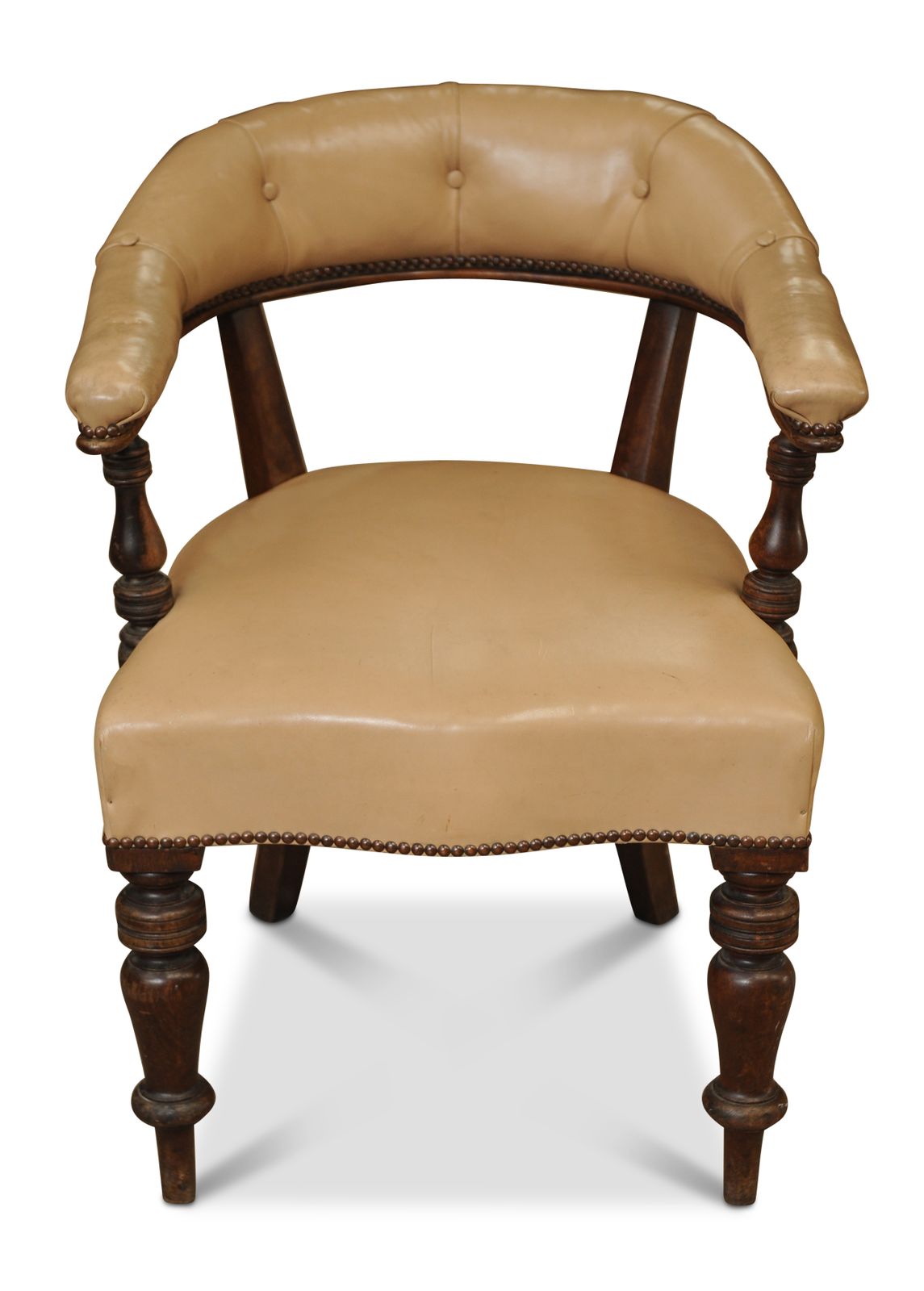 19th Century Cream Leather Buttonback Open Frame Armchair With Hand Turned Uprights Finished With Stud Detailing Ol