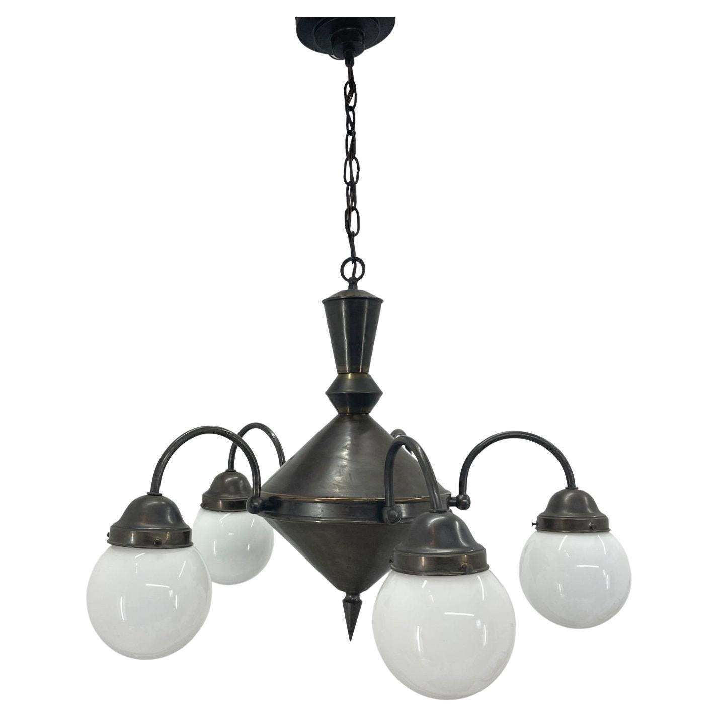 Art Deco Metal And Milk Glass Chandelier, 1930's