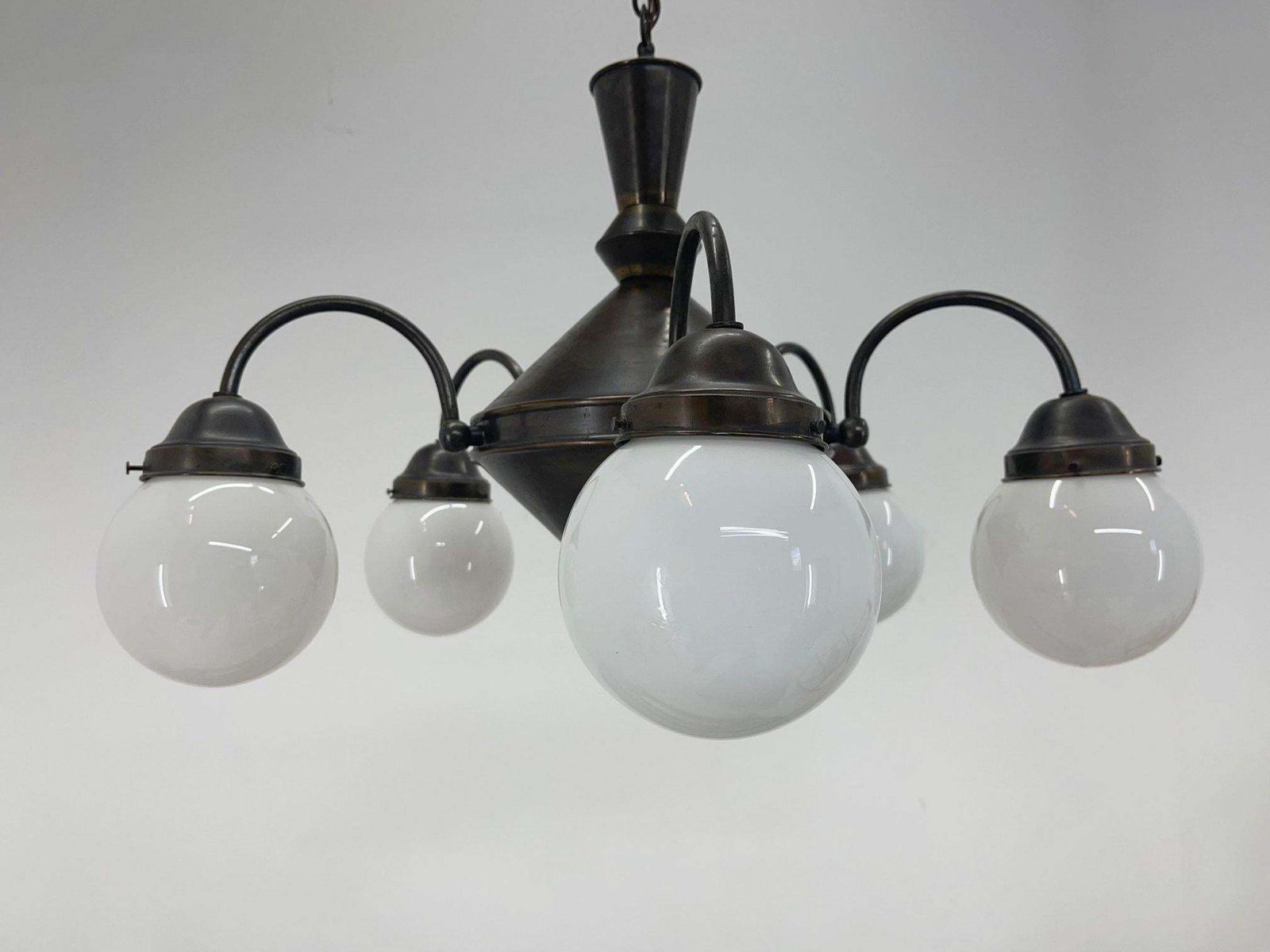 Art Deco Metal And Milk Glass Chandelier, 1930's photo for sale