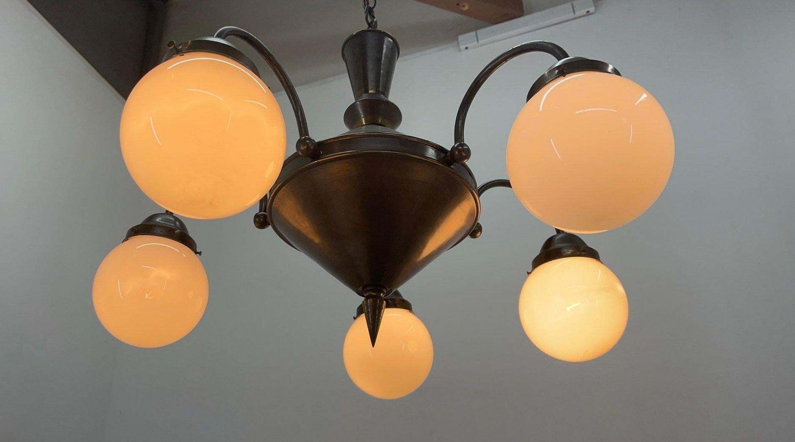 Art Deco Metal And Milk Glass Chandelier, 1930's photo 450.0