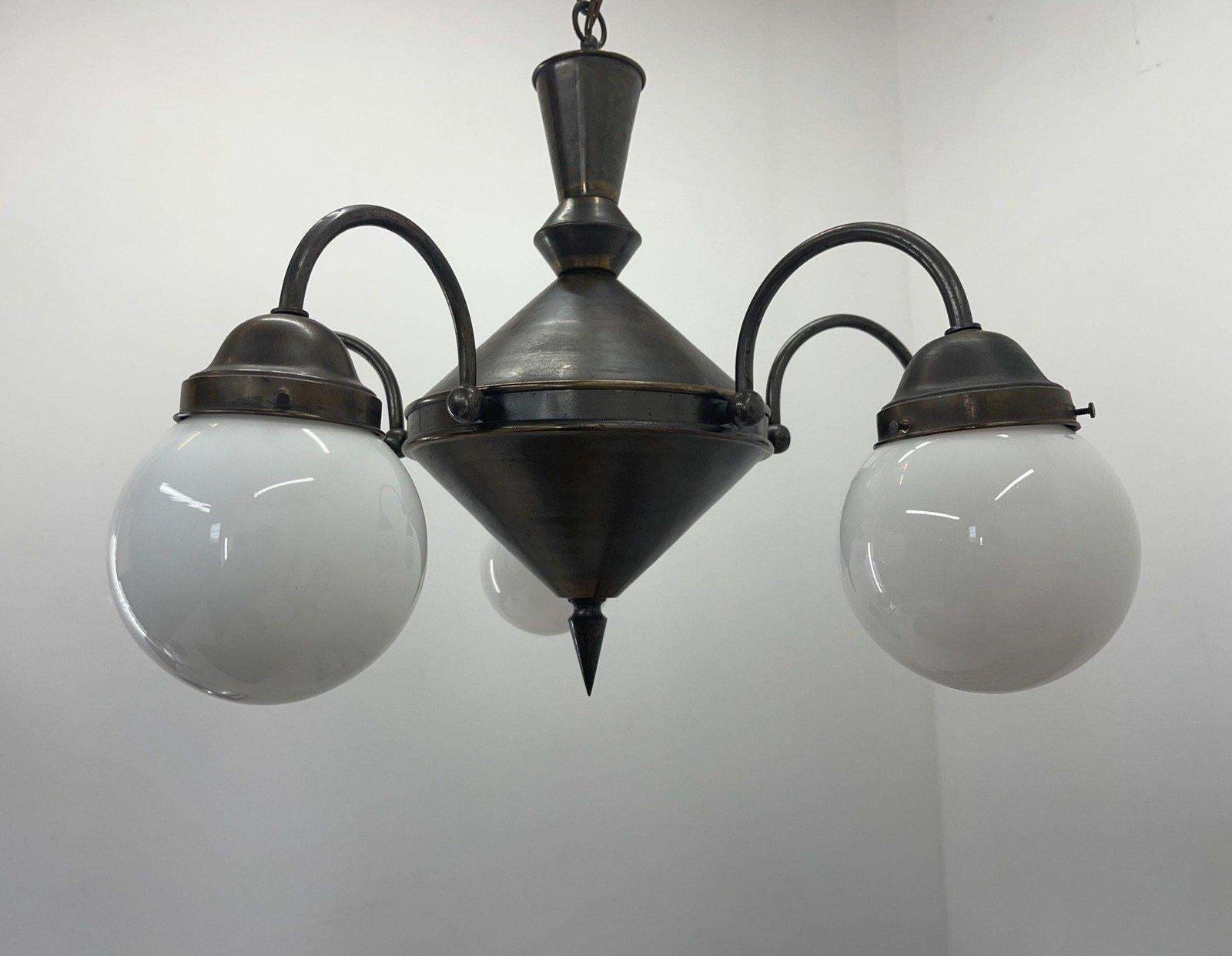 photo furniture Art Deco Metal And Milk Glass Chandelier, 1930's
