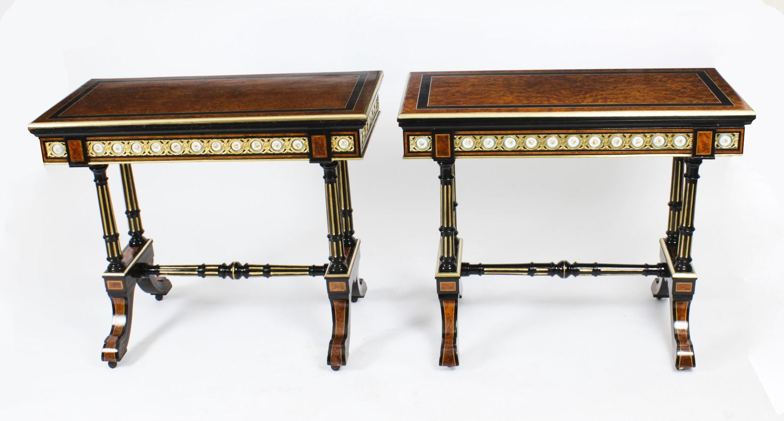Antique Pair Amboyna Card Tables With Porcelain Plaques 19th Century