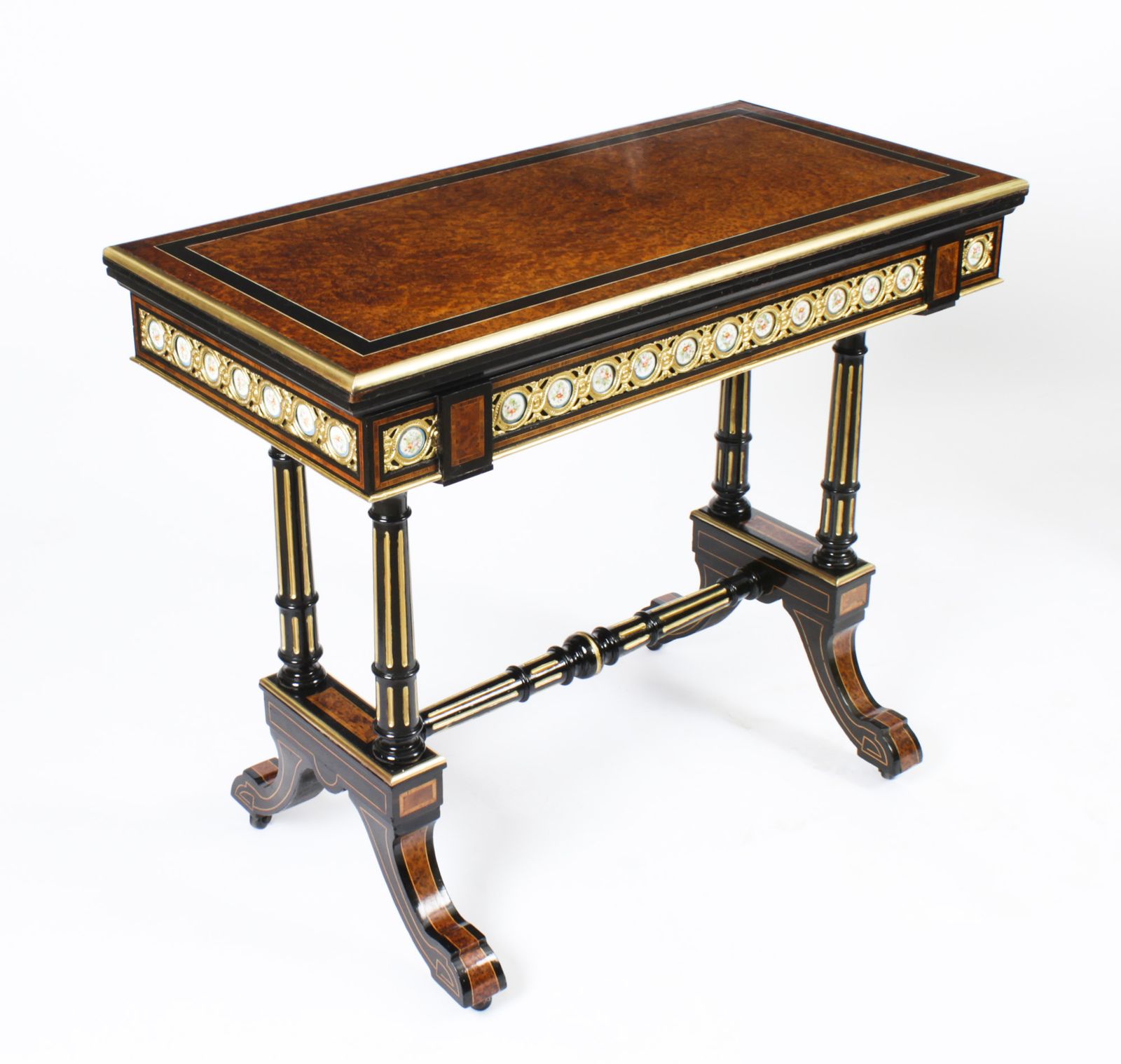 Antique Pair Amboyna Card Tables With Porcelain Plaques 19th Century photo furniture