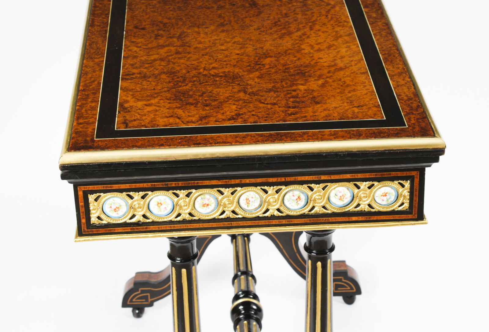 Antique Pair Amboyna Card Tables With Porcelain Plaques 19th Century photo vintage