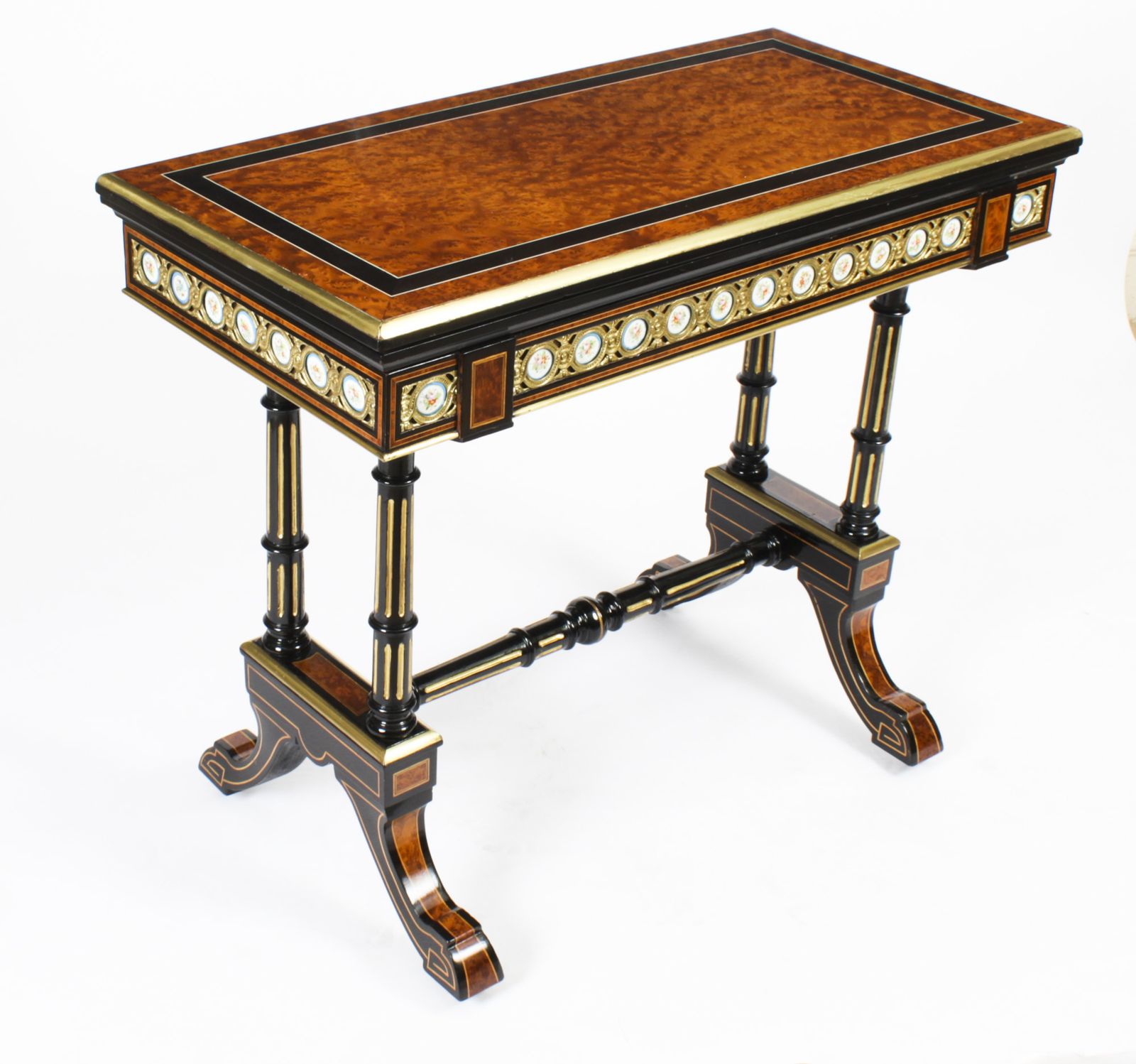 7250.0 Antique Pair Amboyna Card Tables With Porcelain Plaques 19th Century photo