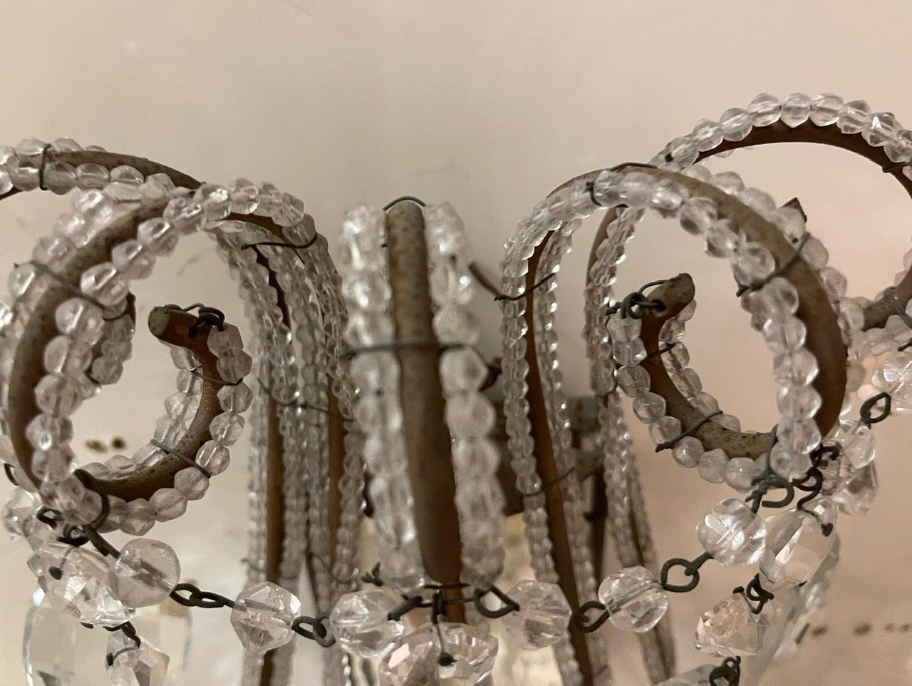 Large Italian Antique Crystal Beaded Mirrored Sconces Set Of 2 Es photo for sale