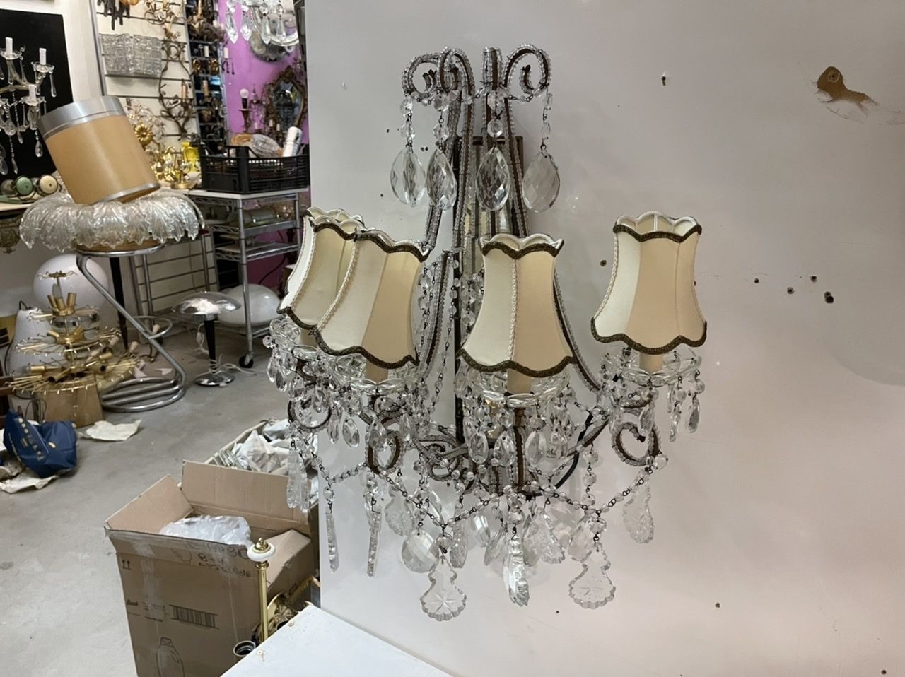 Large Italian Antique Crystal Beaded Mirrored Sconces Set Of 2 Es photo vintage