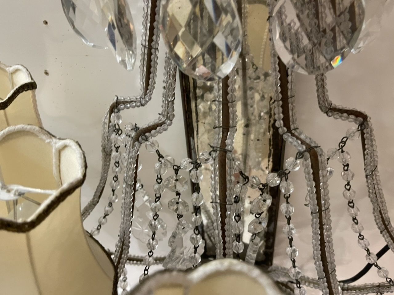 photo furniture Large Italian Antique Crystal Beaded Mirrored Sconces Set Of 2 Es