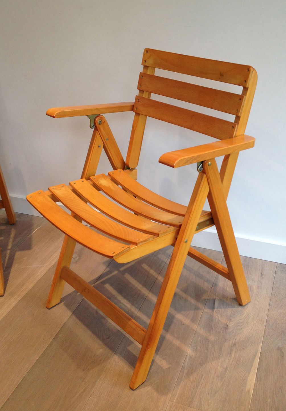 Pair Of Folding Armchairs In Varnished Wood Signed Clairitex