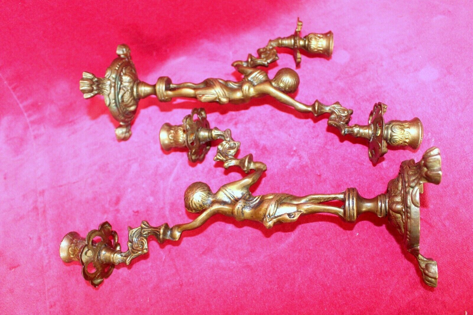 French Vintage Pair Of Ornately Gold Patina Bronze Candle Holders Cherubs photo buy