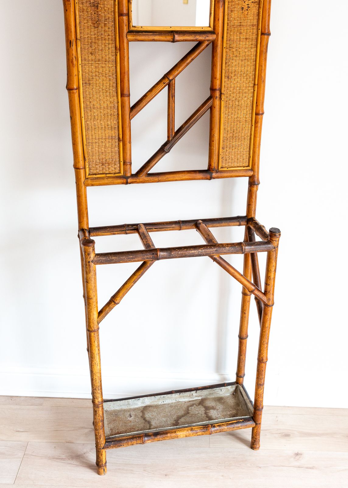 Boho Bamboo Hall Stand Mirrored Coat Rack With Umbrella Stand Stick Stand Chinoiserie French Mid Century Aesthetic Movement photo vinterior