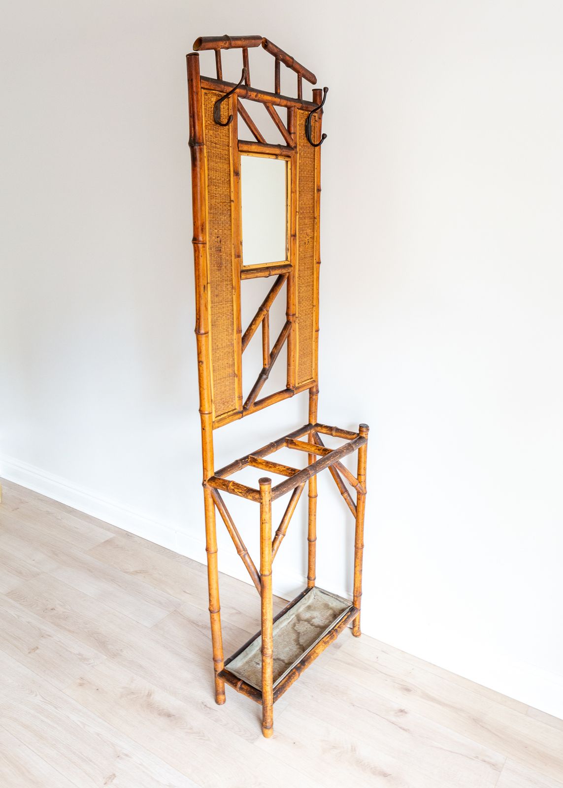 Boho Bamboo Hall Stand Mirrored Coat Rack With Umbrella Stand Stick Stand Chinoiserie French Mid Century Aesthetic Movement photo for sale