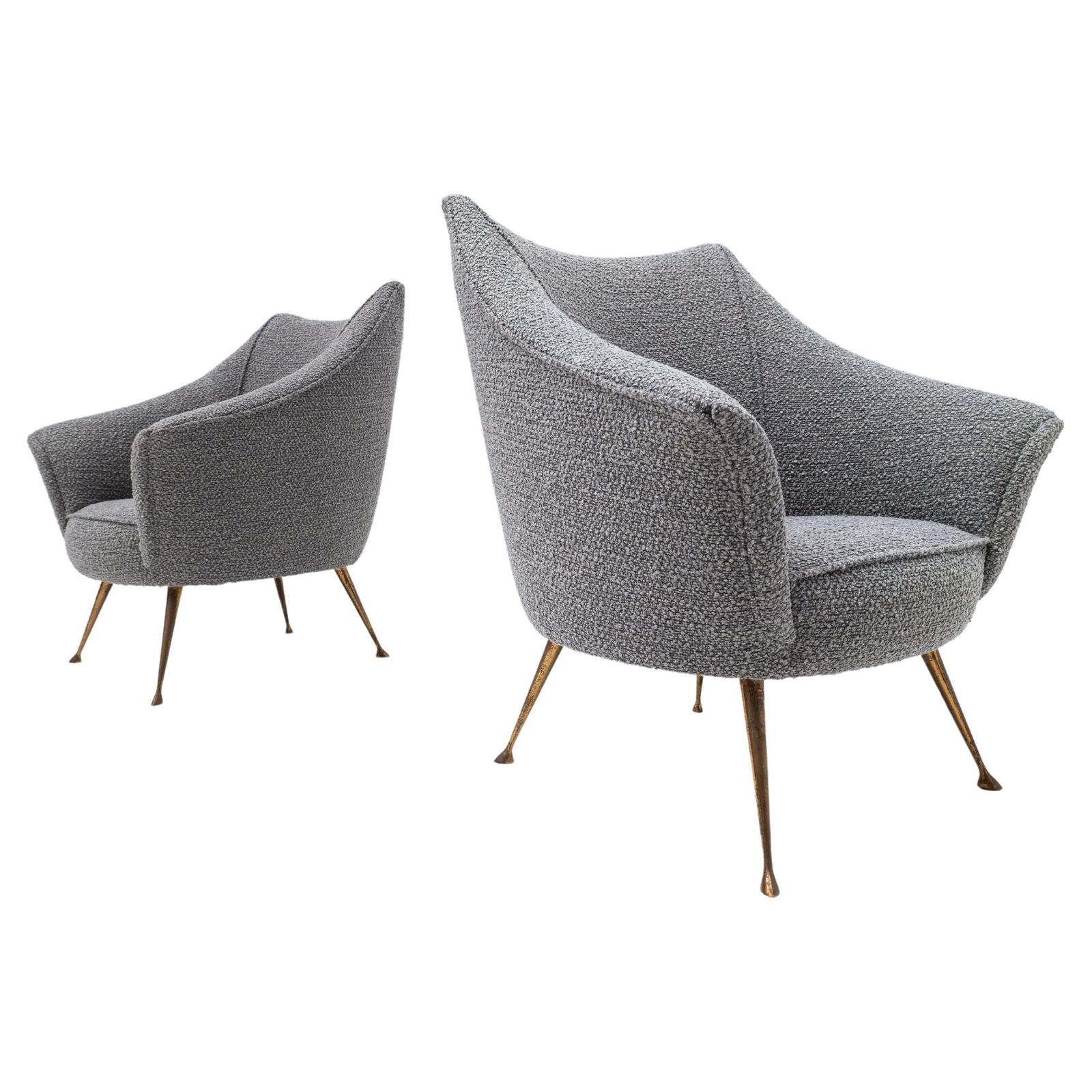 Pair Of Mid Century Grey New Upholstery And Brass Feets Armchairs, Italy, 1950s