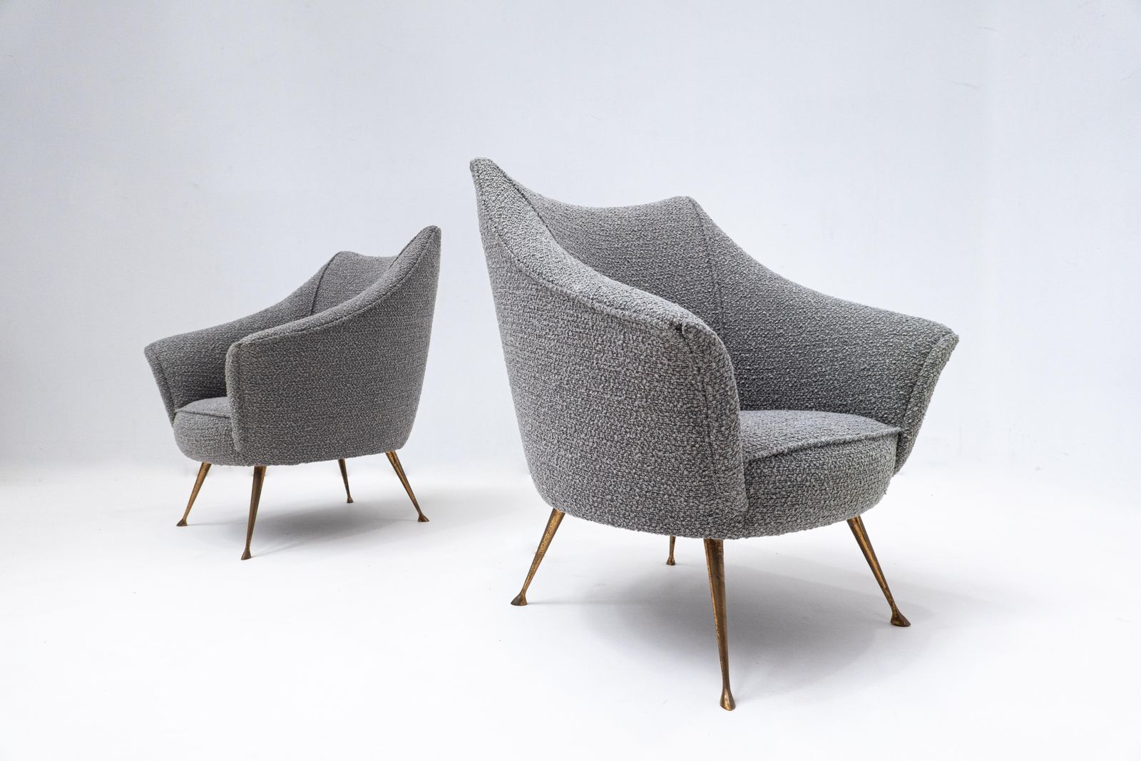 Pair Of Mid Century Grey New Upholstery And Brass Feets Armchairs, Italy, 1950s photo for sale