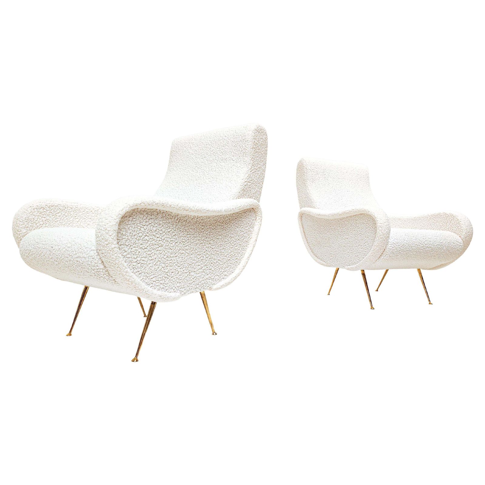 Mid Century Modern Italian Pair Of Armchairs, White Boucle Fabric, 1950s