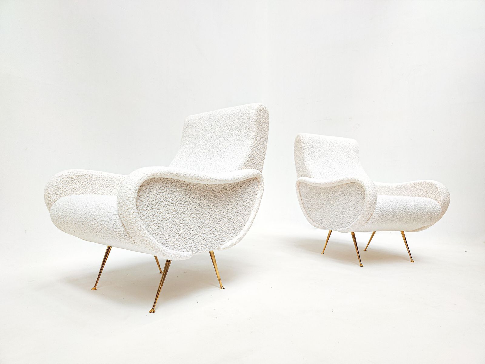 Mid Century Modern Italian Pair Of Armchairs, White Boucle Fabric, 1950s photo for sale