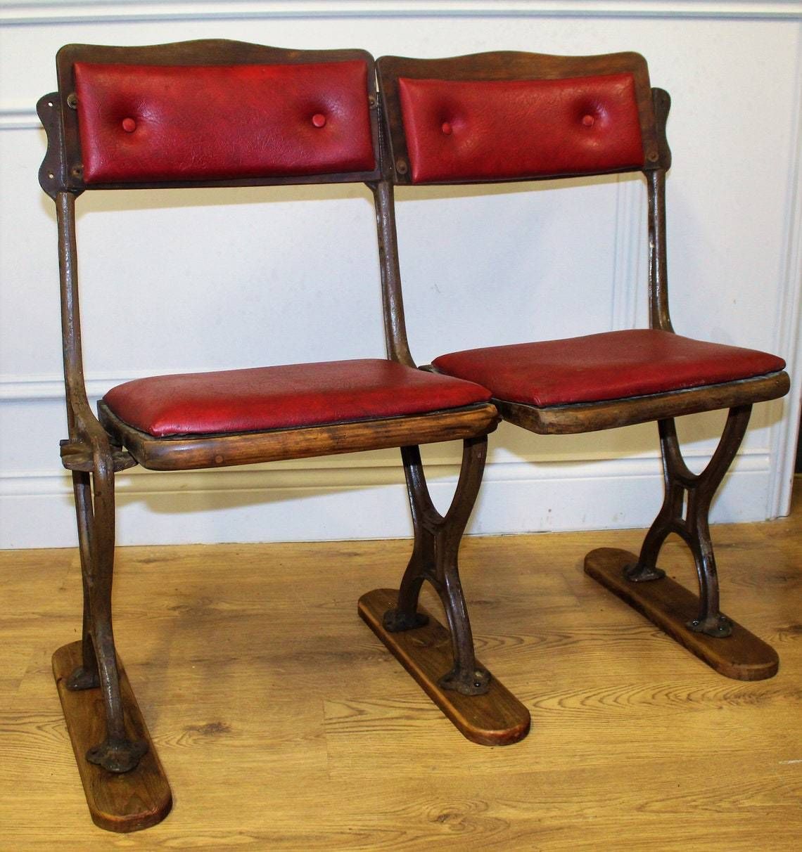 Vintage Two Seater Folding Theatre Cinema Chairs Antique Industrial Retro Hall Hallway Opera Stacking Art Deco