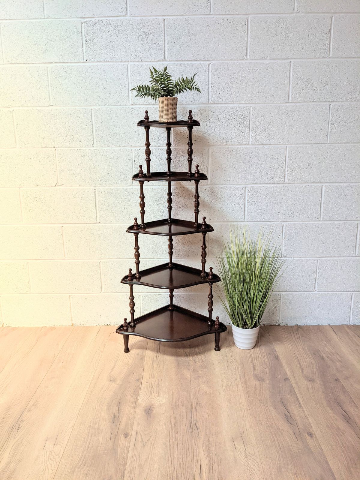 Vintage Tall 5 Shelf Dark Wood Corner Shelves