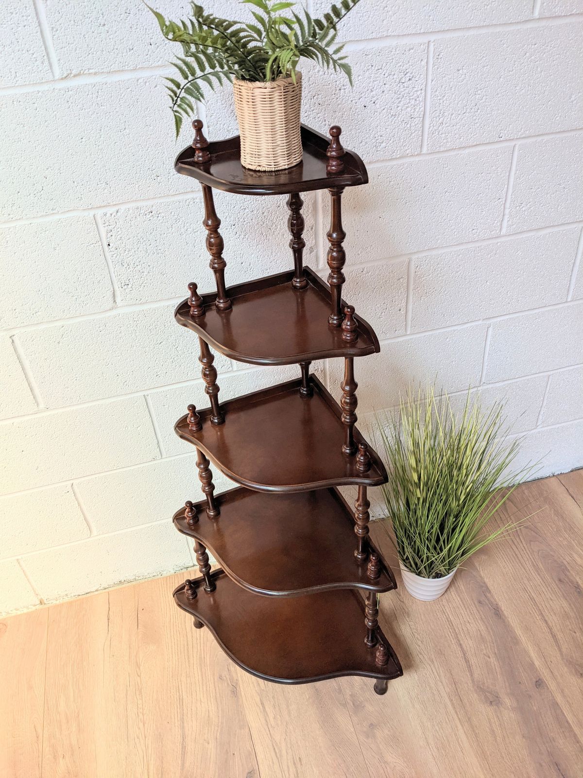 Vintage Tall 5 Shelf Dark Wood Corner Shelves photo 175.0