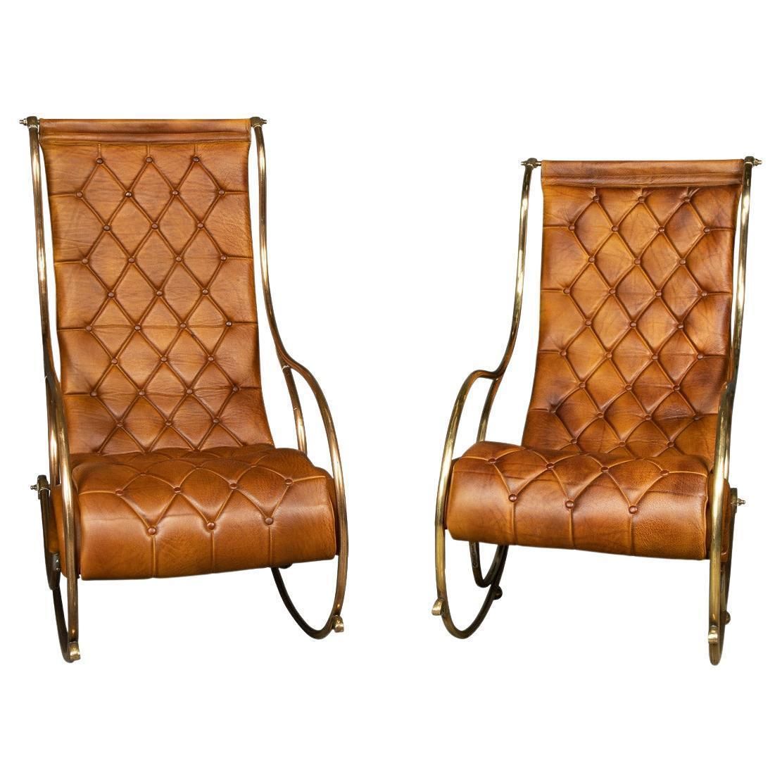 20th Century British Made Pair Of Leather Rocking Chairs, C.1950